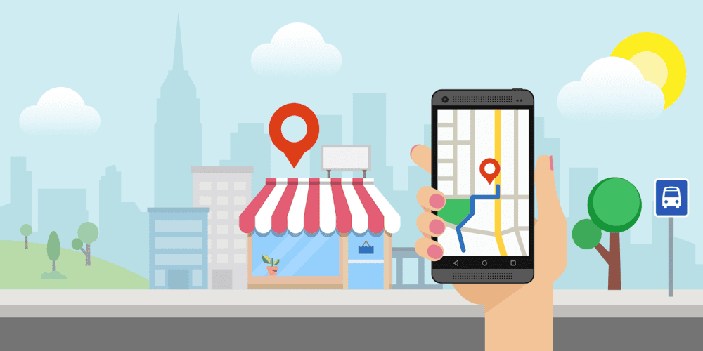 Hand holding a smartphone showing a mapped route past a storefront with a red pin in a city scene on a sunny day.